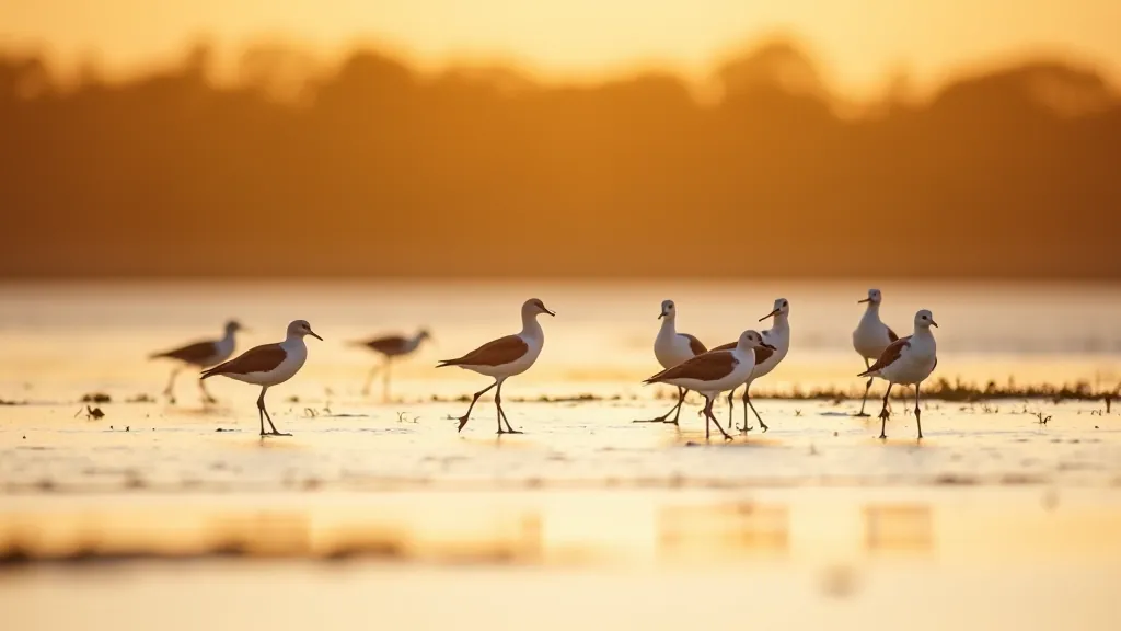 Autumn estuary mudflats with wading birds feeding, golden sunset light, misty atmosphere