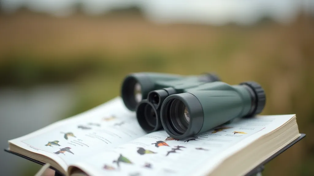 Binoculars on outdoor guide book, bird identification chart visible, wetland habitat in background
