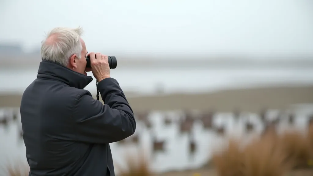 Birdwatcher with binoculars observing waterfowl on estuary mudflats during seasonal migration period
