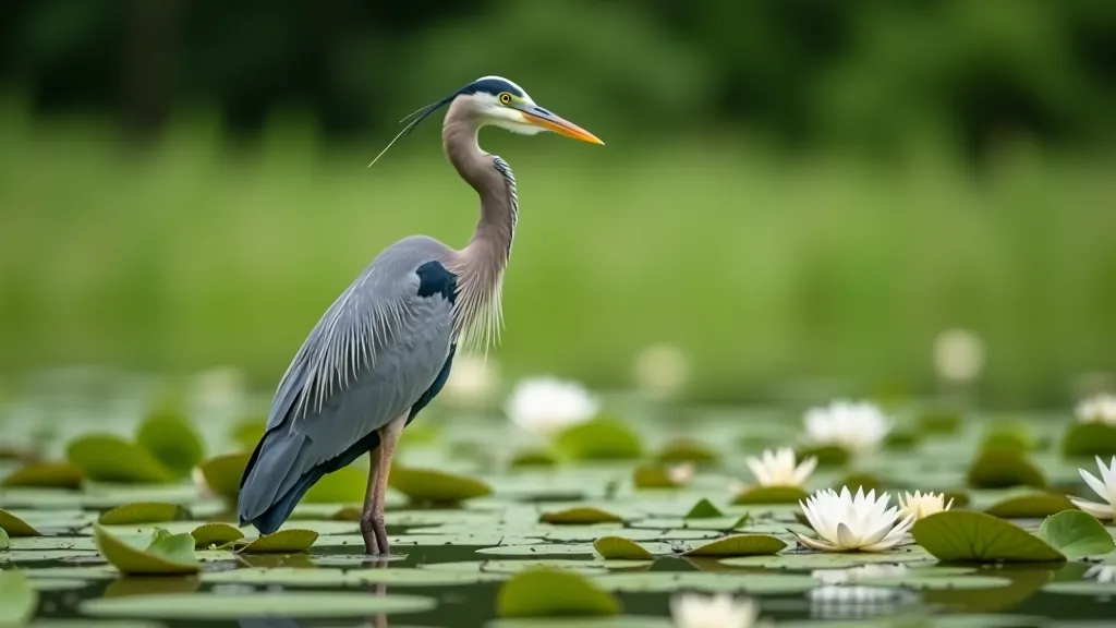 Great blue heron standing in shallow park pond surrounded by water lilies and wetland vegetation