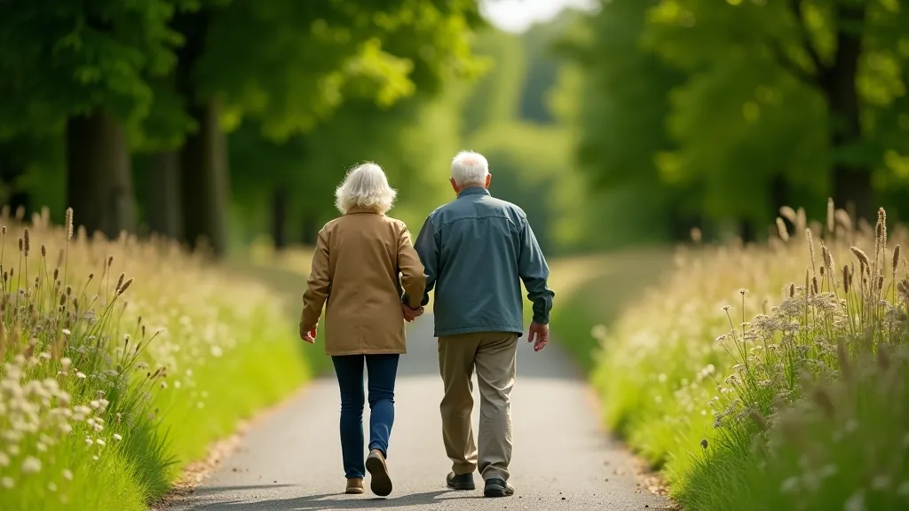 Wide flat walking path with wildflowers blooming on both sides, mature trees providing shade, elderly couple walking together in distance