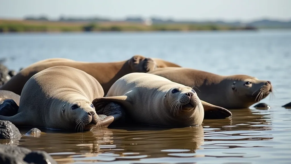 Summer estuary with grey seals resting on rocks, warm sunlight, lush green landscape