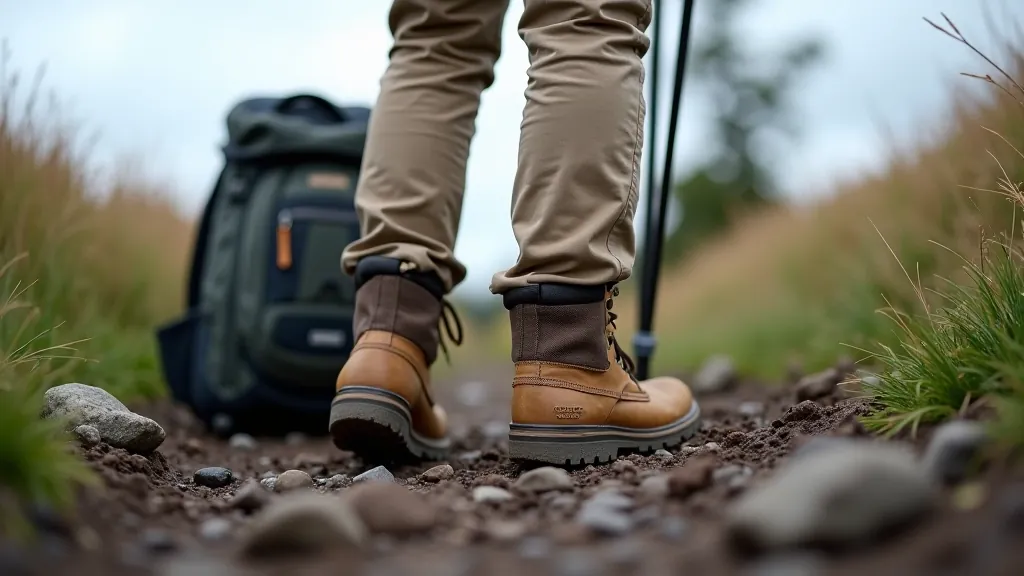Hiker's boots on muddy path, backpack nearby on ground, hiking poles leaning against rocks, overcast sky