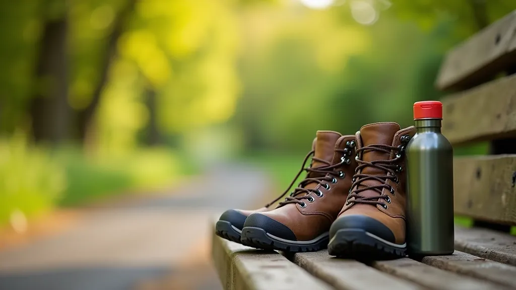 Close-up of proper walking boots and water bottle on a park bench with scenic trail background