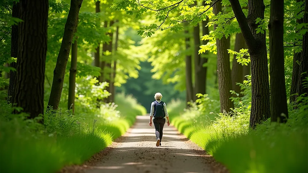Walking trail through wooded area with native trees, dappled sunlight filtering through canopy, well-marked path