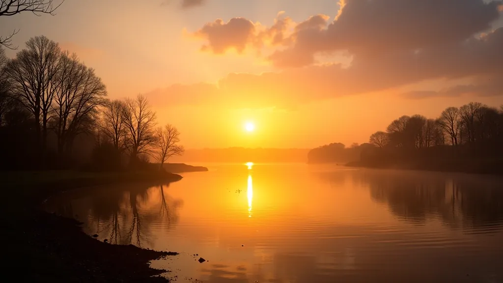 Panoramic view of estuary at sunset with golden light reflecting on water, silhouettes of trees
