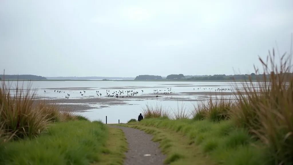 Shannon Estuary water view with birds flying over tidal flats, walking path in foreground, cloudy sky