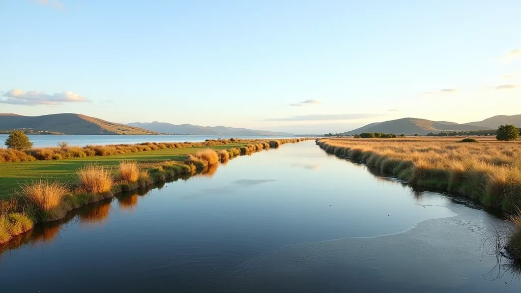 Scenic view of Shannon estuary with water reflections, grassy banks, and distant hills on a clear afternoon