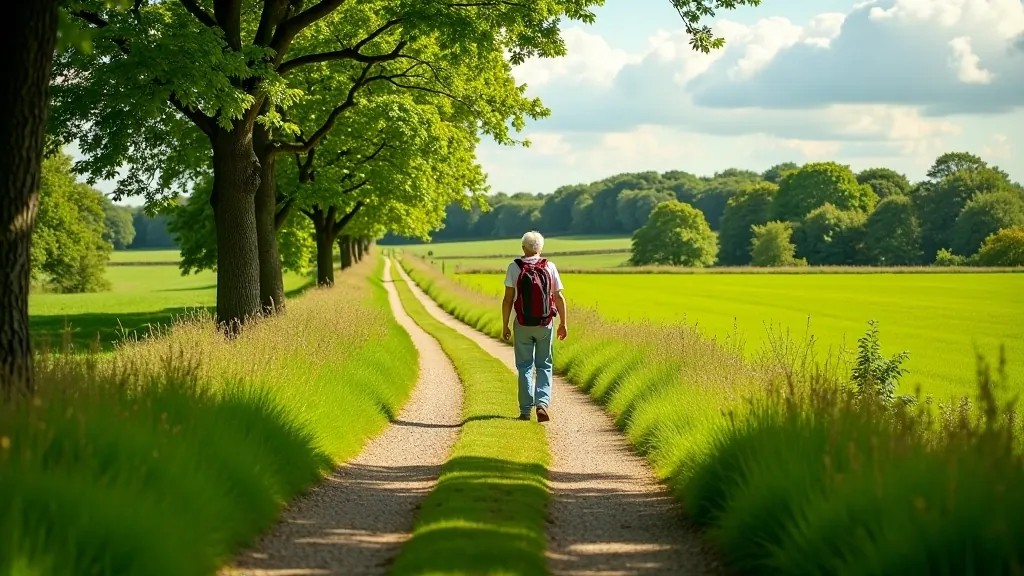 Scenic walking path through Limerick countryside with green fields and trees on a sunny day