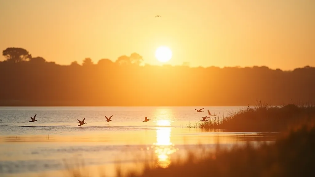 Shannon estuary landscape with wild birds flying over water during golden hour, scenic natural habitat