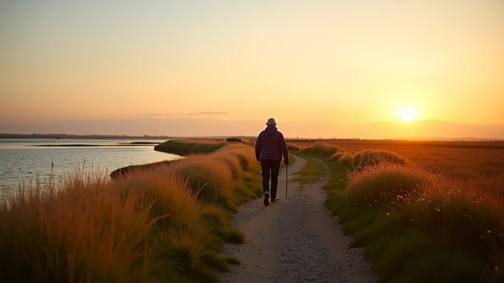Shannon Estuary walking trail with wide water views and mudflat landscape during golden hour