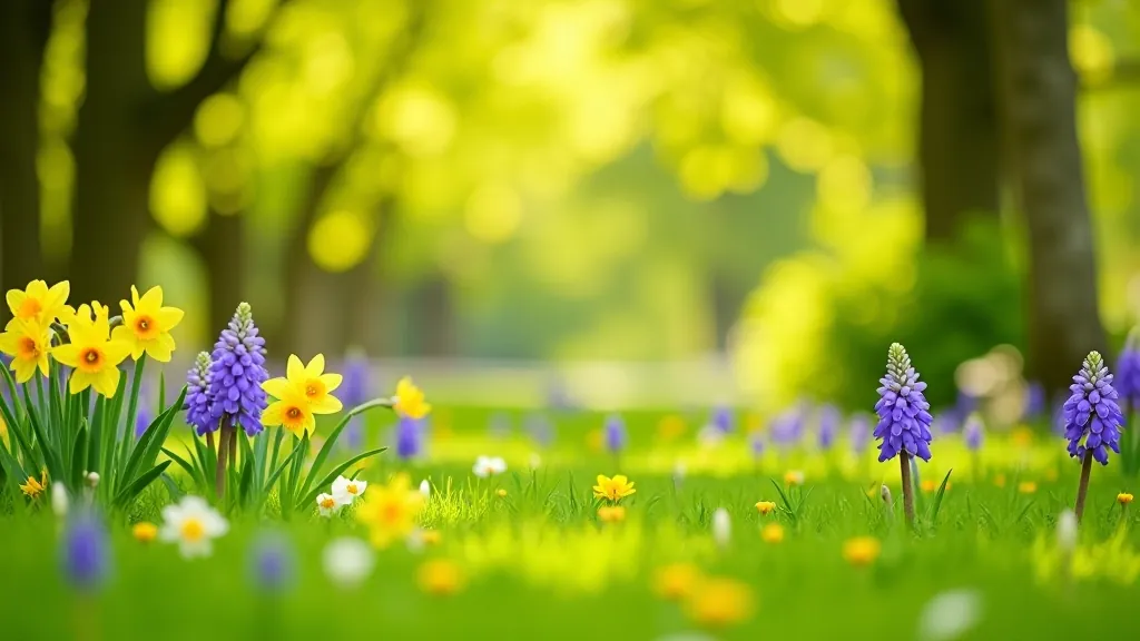 Spring flowers and fresh green leaves on trees in Limerick People's Park meadow with blooming daffodils and hyacinths