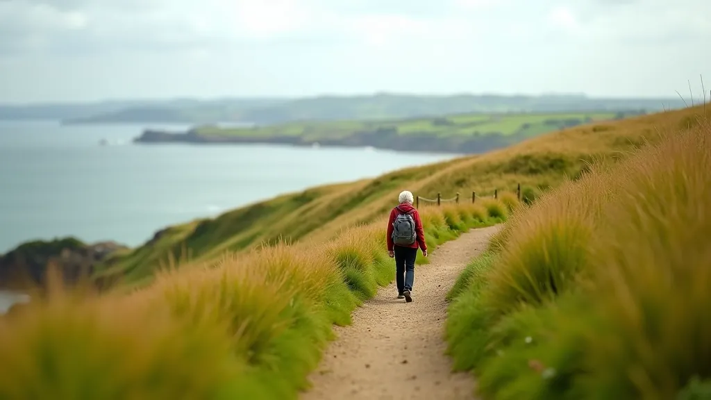 Steep grassy hillside with walking path, coastal views visible in distance, person walking ahead on trail