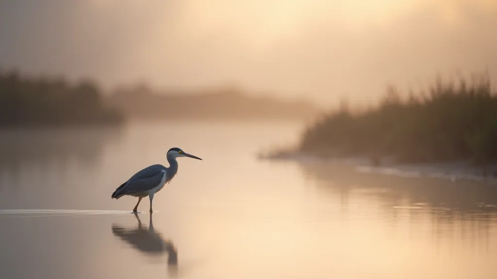 Wading bird (heron) standing in shallow estuary water at dawn, misty atmosphere, reeds in background