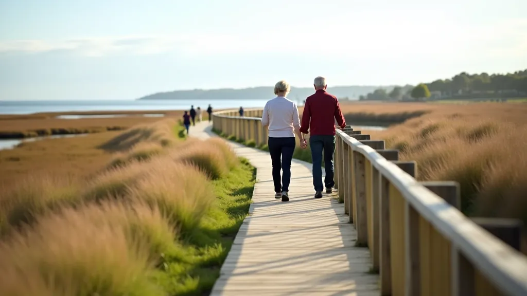 Walking path alongside estuary with wooden railings, salt marsh vegetation visible, and water in background