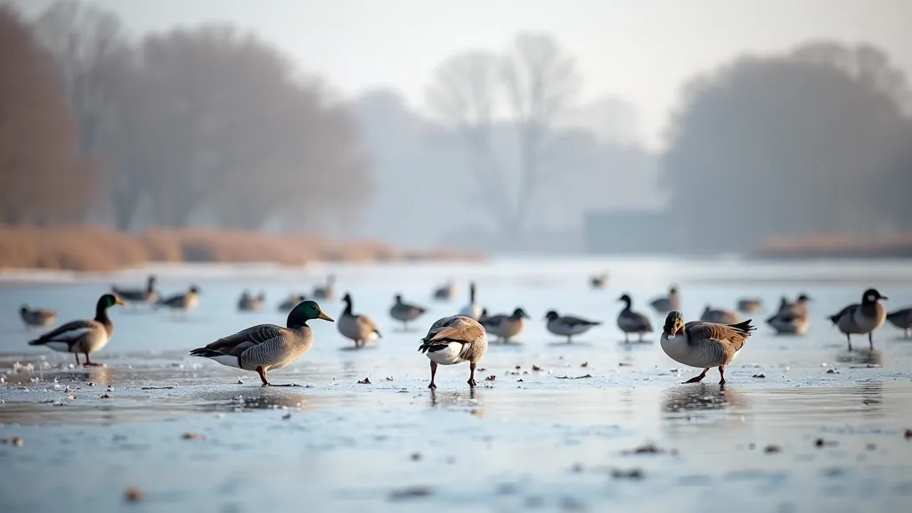 Winter estuary with overwintering waterfowl, frost on reeds, cold weather landscape