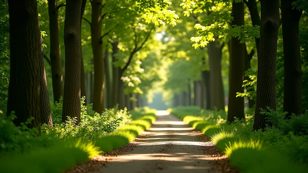 Shaded woodland walking path with tall trees creating natural canopy and dappled light on the trail surface